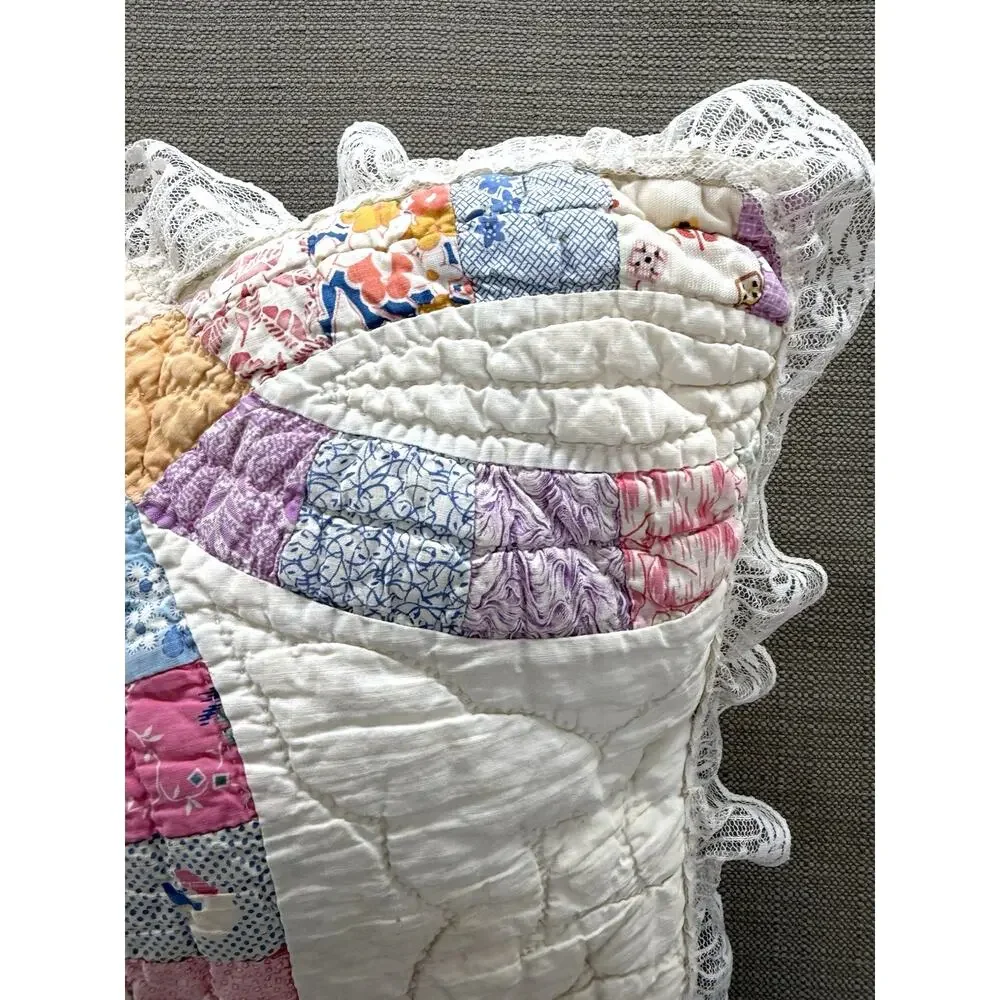Vintage Hand Quilted Double Wedding Ring Feed Sack Pillow 14x12 Lace 1920s